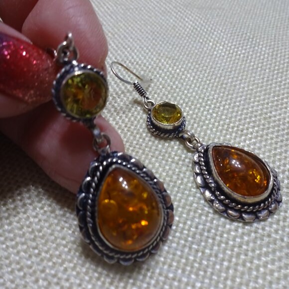 Gorgeous AMBER & CITRINE Handmade Sterling Dangle Earrings (1 1/2" Drop) #967B - Picture 3 of 3